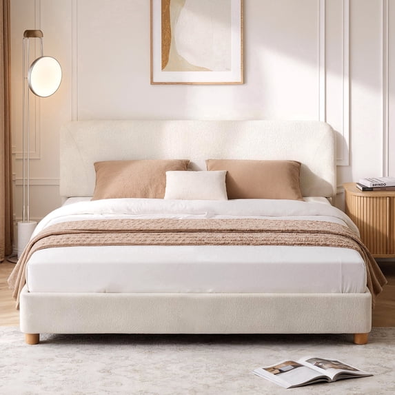 BERRY NEST Boucle Queen Size Bed Frame - Upholstered Bed Frame with Adjustable Headboard, Solid Wood Legs, Rounded Corners, Easy Assembly, Marshmallow BedFrame, Cream