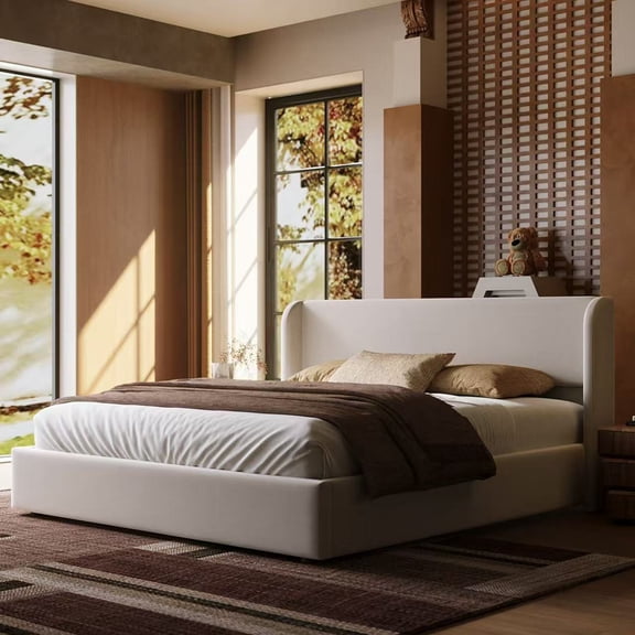Queen Size Boucle Cloud Bed Frame, Boucle Upholstered Platform Bed with Curved Headboard & Solid Wood Legs, No Box Spring Needed, Easy Assembly