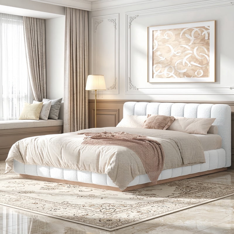 Queen Size Boucle Upholstered Bed Frame, Low Profile Wooden Platform Bed, No Box Spring Needed Floor Bed with Padded Headboard