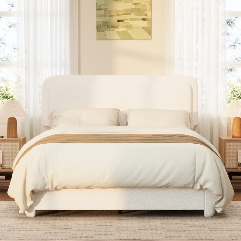 Queen Size Boucle Upholstered Bed Frame with Adjustable Height Headboard, Low-Profile Platform Bed with Mattress Anti-Slip Holder