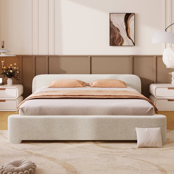 Queen Size Boucle Upholstered Bed - , Stylish Design Comfortable Size,