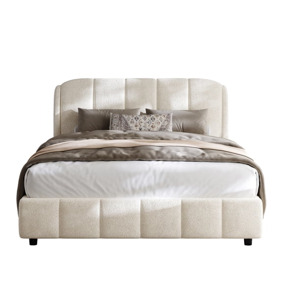Queen Size Boucle Upholstered Platform Bed with Curved Headboard, Beige, No Box Spring Needed