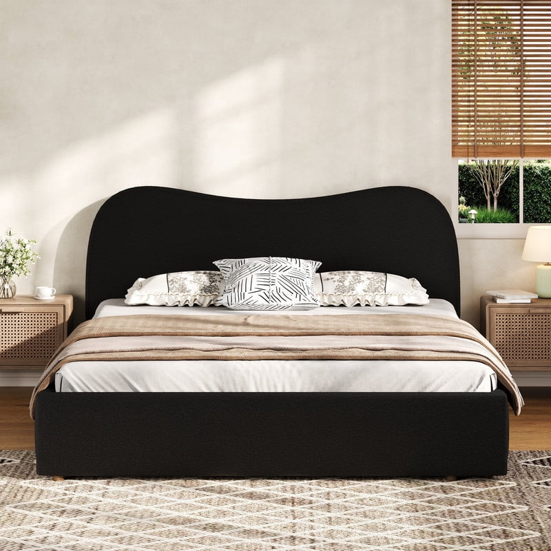 Queen Size Boucle Upholstered Platform Bed with Wooden Slats, Short Legs Low-Profile Bed Frame with Curved Headboard