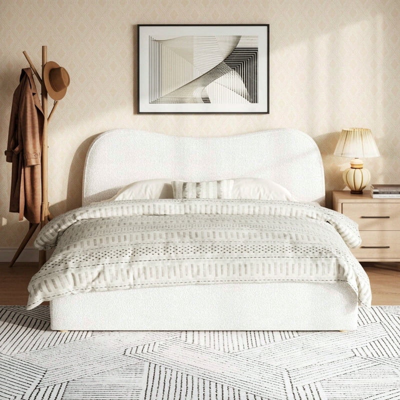 Queen Size Boucle Upholstered Platform Bed with Wooden Slats, Short Legs Low-Profile Bed Frame with Curved Headboard