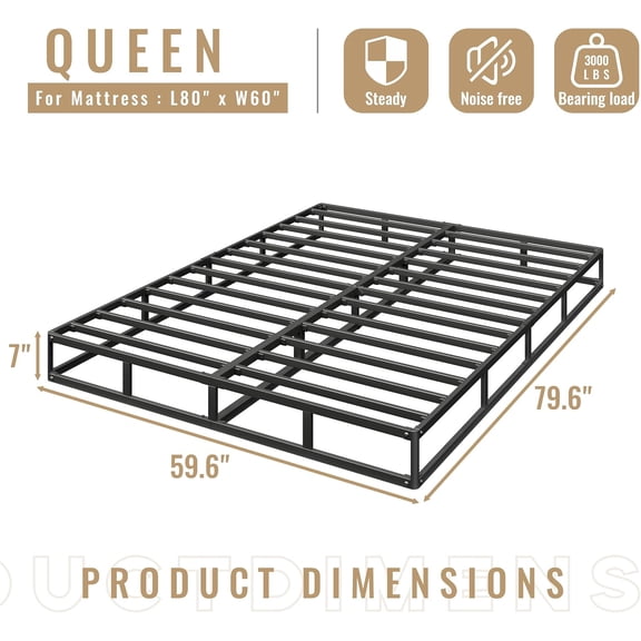 Queen Size Box Spring, 7 Inch Low  Metal Frame Mattress Foundation, Heavy Duty Boxspring with Cover, Easy Assembly, Noise Free, Non-Slip