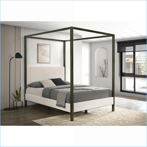 Queen Size Bronze-Finished Iron Canopy Bed with Vanilla Upholstered Padded Headboard for Modern Bedroom