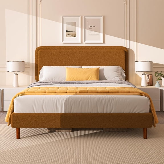 Queen Size Brown Boucle Upholstered Cloud Platform Bed Frame with Adjustable Headboard and Solid Wooden Legs, No Box Spring Needed