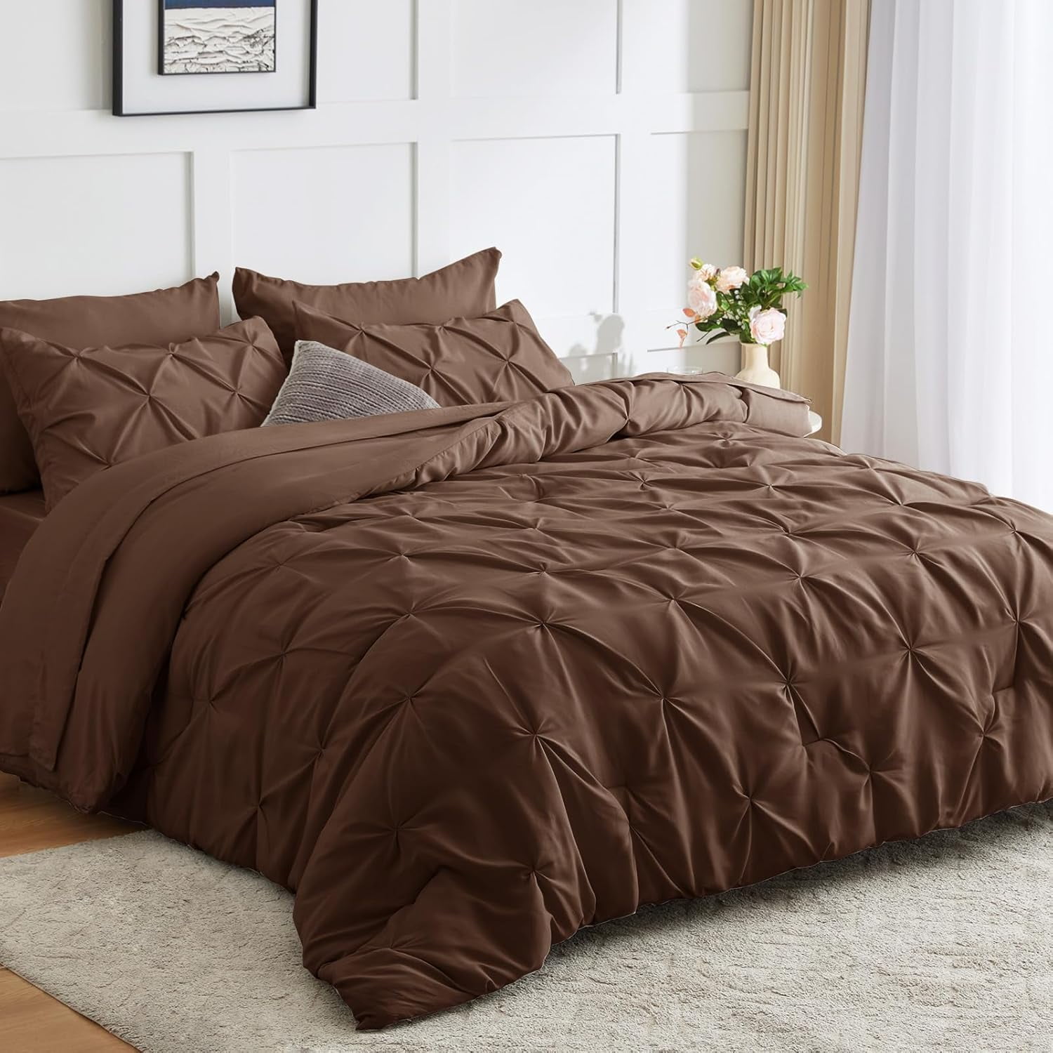 Queen Size Brown Microfiber Pintuck Bed in a Bag Set