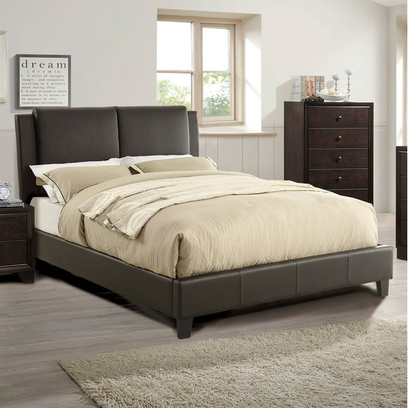 Queen Size Brown Faux Leather Bed Frame: Modern Upholstered Headboard, Pine & Particle Board, Bedroom Furniture, No Box Spring Needed, 60x80"