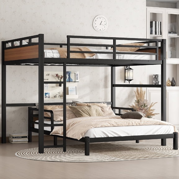 Queen Size Bunk Bed Frame with raised security fence and Ladder, Metal Loft Beds Frame with Headboard and Able to Split for Bedroom, Apartment, Mattress not included, No Spring Box Required, Walnut