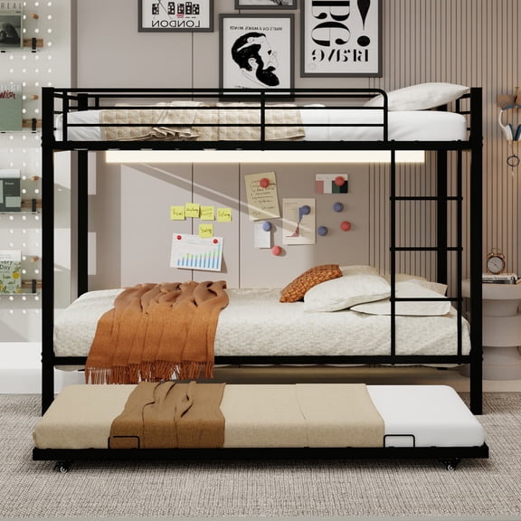 Queen Size Bunk Bed with Pull-Out Trundle, Square Tube Iron Bunk Bed with Safety Rails, Space-Saving Guest Room Bed Frame, Modern Minimalist Design, Black