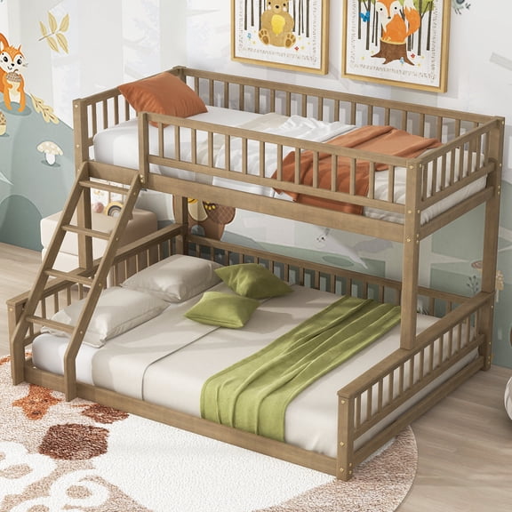 Queen Size Bunk Beds Bed Frames Twin XL over Queen Bunk Bed with Ladder and Guardrails, Walnut,Adjustable Bed Base