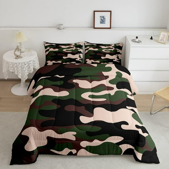 Queen Size Camouflage Comforter Set 3Pcs Bedding Set Teens 1 Comforter & 2 Pillowcases(Twin,Army Green)