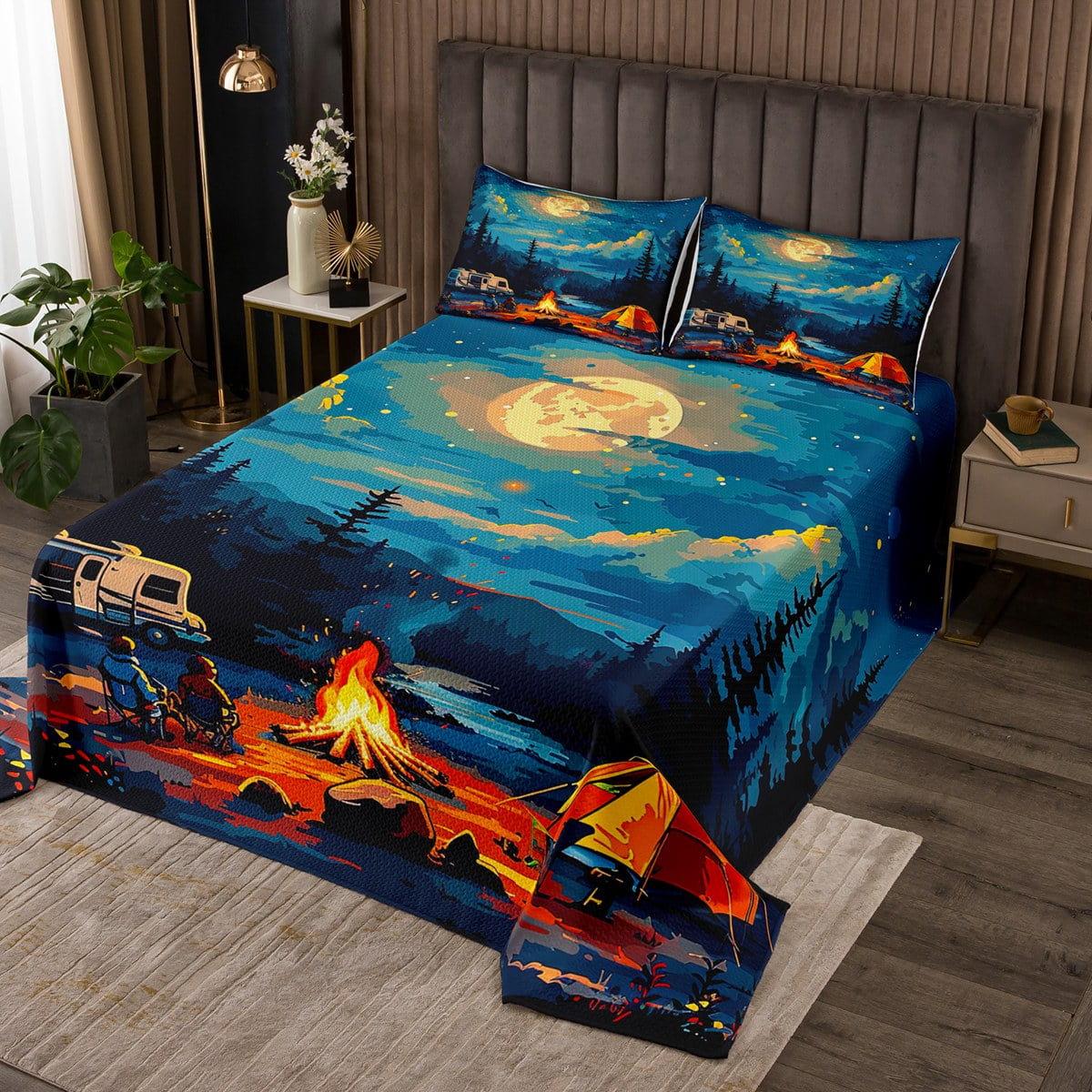 Queen Size Camper Bedspread Set for Travel Trailers, Happy Camping Coverlet Set Travel Car Rv