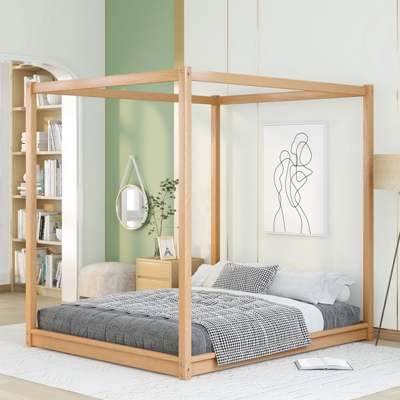 Queen Size Canopy Bed Frame,4-Post Canopy Platform Bed Frame with Headboard and Support Legs,Wood Full Bed Frame for Kids Teens Adults, No Box Spring Needed,Easy to Assemble,Natural