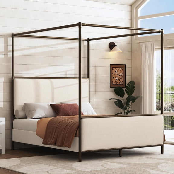 Queen Size Canopy Bed Frame with Four Posters Design, Modern Canopy Bed with Linen Upholstered Headboard and Footboard, Solid Wood Slats Support, No Box Spring Needed, Easy Assembly, Beige