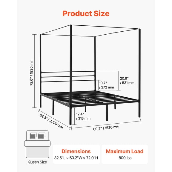 Queen Size Canopy Bed Frame, Metal Canopy Bed with Four Posters Design, Heavy Duty Steel Slats Support, Underbed Storage Space, No Box Spring Needed, Easy Assembly, Black