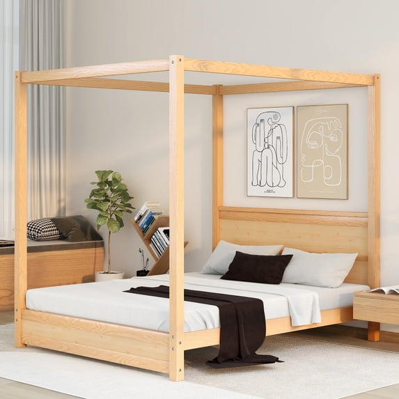 Queen Size Canopy Bed Frame, Modern Four-Poster Platform Bed Frame with Headboard & Top Full-Length Rails, Solid Wood Full Platform Bed Frame, Underbed Storage Space, No Box Spring Needed, Natural