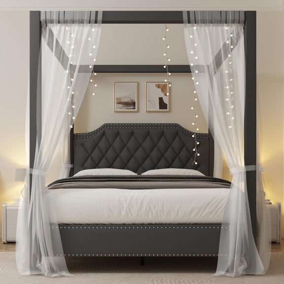 Queen Size Canopy Bed Frame with Nailhead Decoration Headboard Upholstered Bed Frame with Poles 4 Corner Bed Bracket ,Solid Wood Slats Support, No Box Spring Needed, Noise Free, Gray