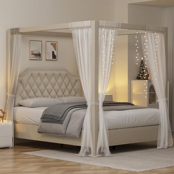 Queen Size Canopy Bed Frame with Nailhead Decoration HeadboardUpholstered Bed Frame with Poles 4 Corner Bed Bracket,Solid Wood Slats Support,No Box Spring Needed,Noise Free,Beige