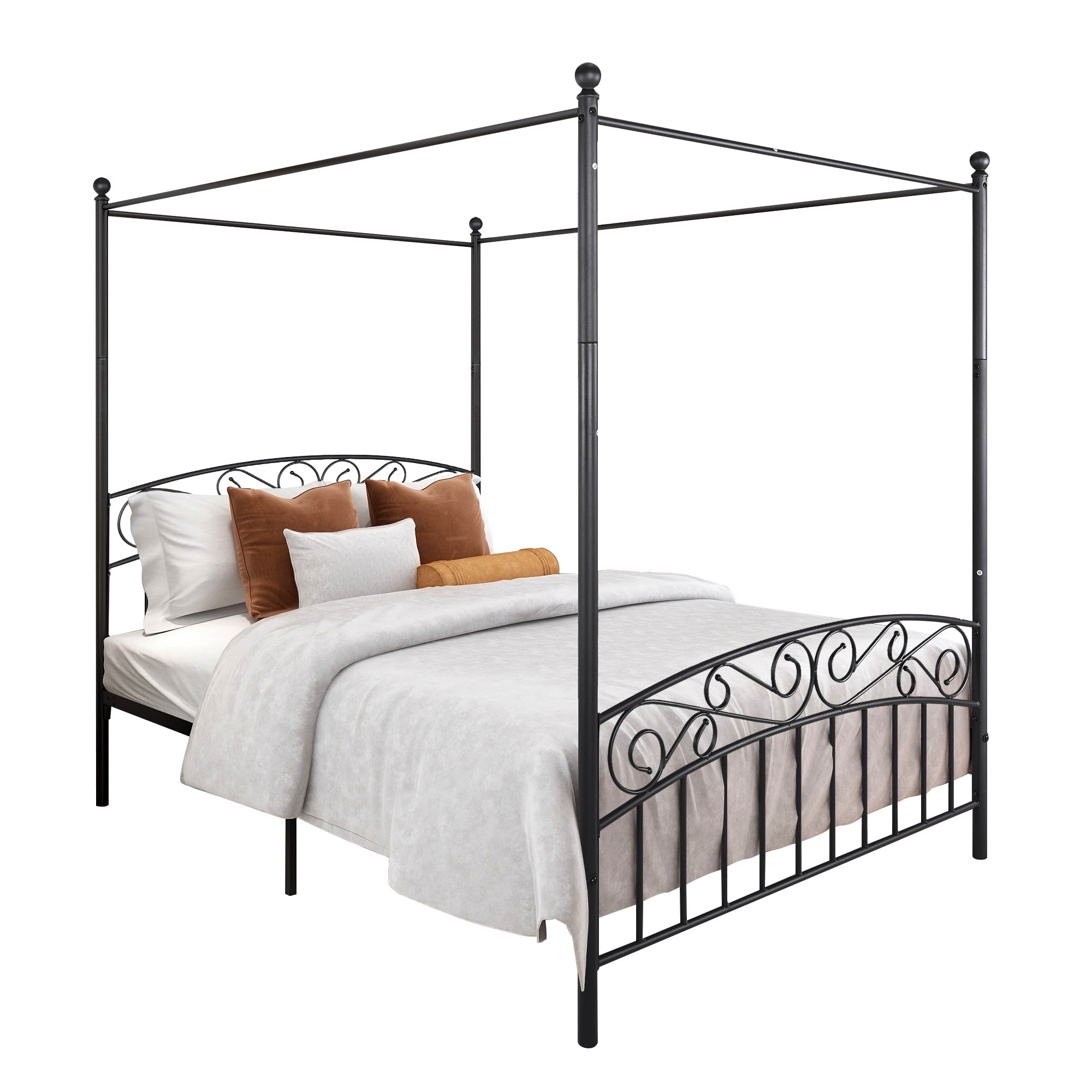 Queen Size Canopy Bed Frame Sturdy Metal Platform Bed with Headboards