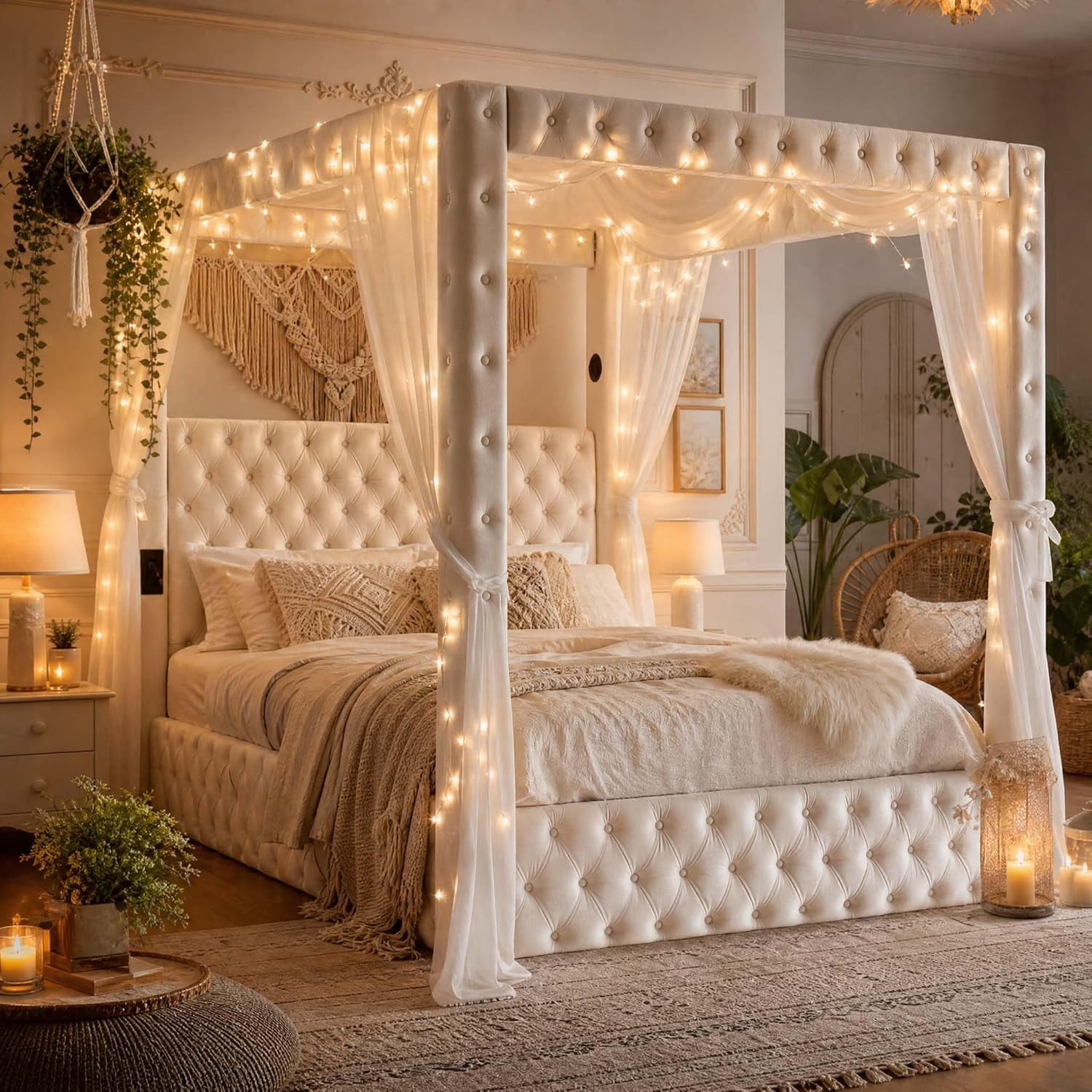 Queen Size Canopy Bed Frame, Velvet Upholstered Bed with Headboard, Beige,75.2'' Tall Four Poster, Deep-tufted, 30.3" Headboard, USB, Bluetooth Speakers, Wooden Bed Frame with No Box Spring Needed