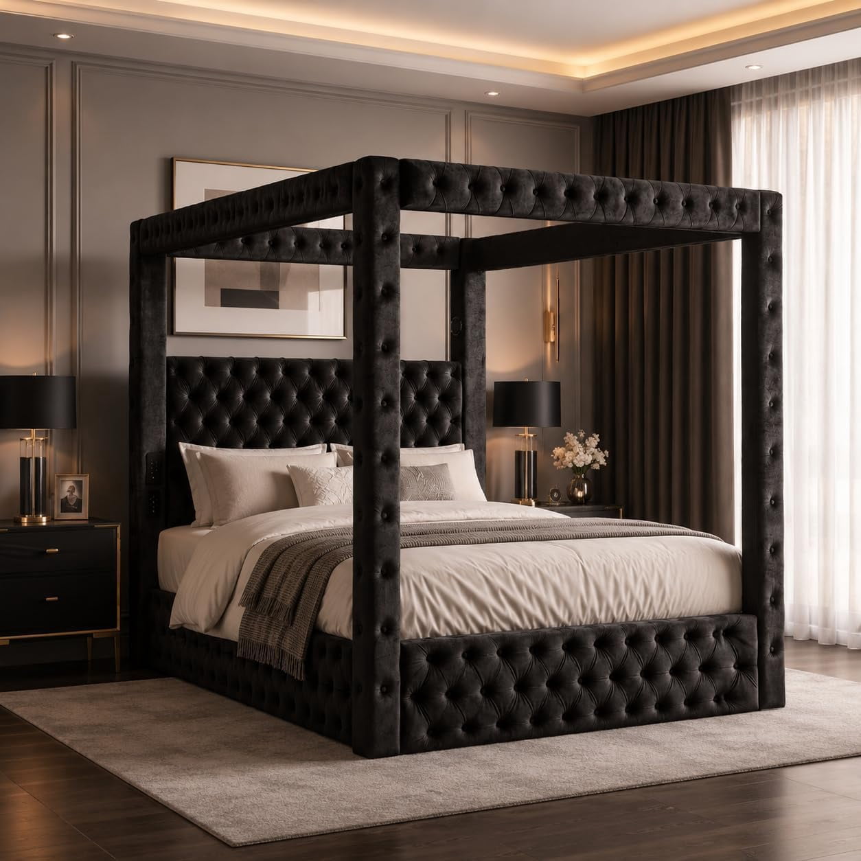 Queen Size Canopy Bed Frame, Velvet Upholstered Bed with Headboard, Black,75.2'' Tall Four Poster, Deep-tufted, 30.3" Headboard, USB, Bluetooth Speakers, Wooden Bed Frame with No Box Spring Needed