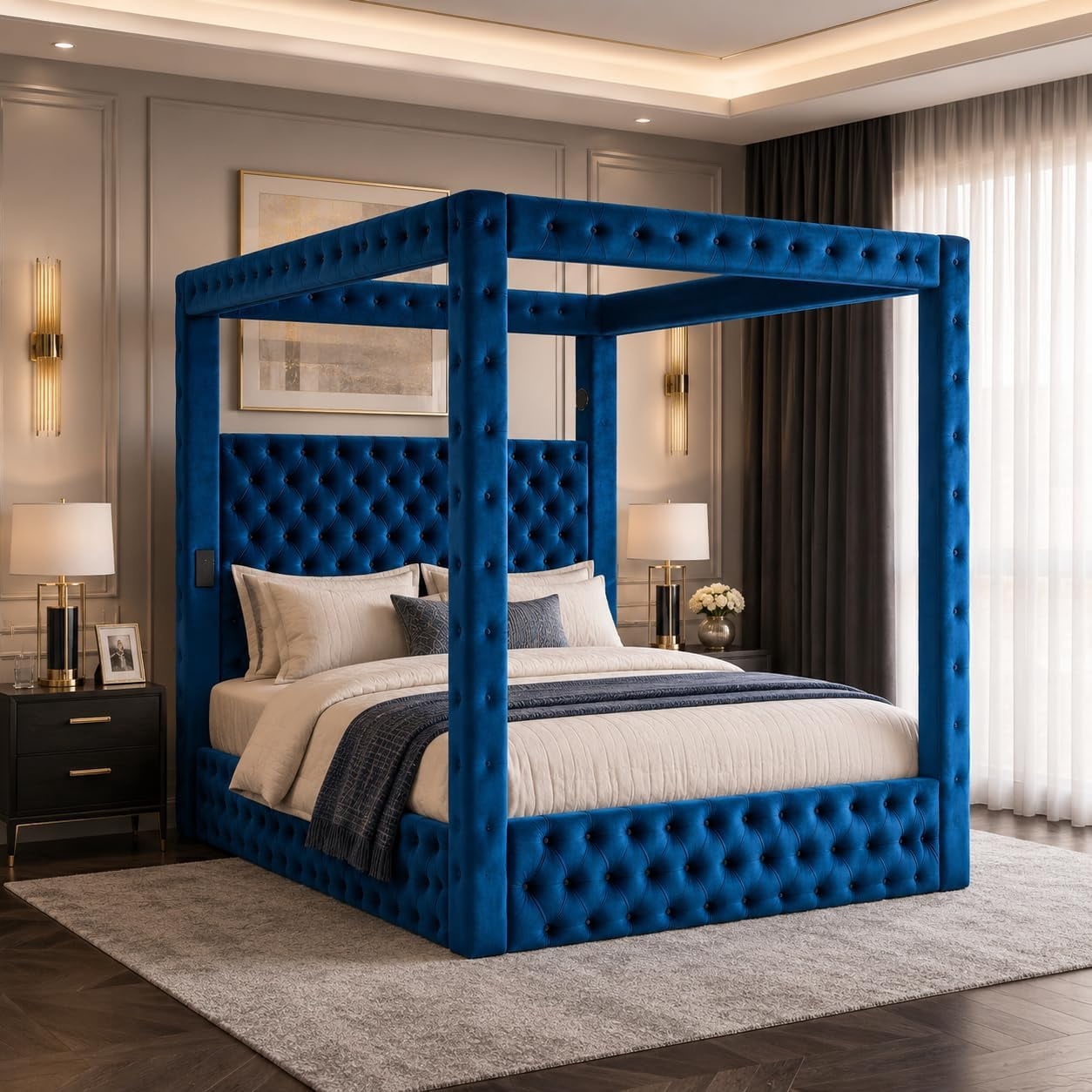 Queen Size Canopy Bed Frame, Velvet Upholstered Bed with Headboard, Blue,75.2'' Tall Four Poster, Deep-tufted, 30.3" Headboard, USB, Bluetooth Speakers, Wooden Bed Frame with No Box Spring Needed