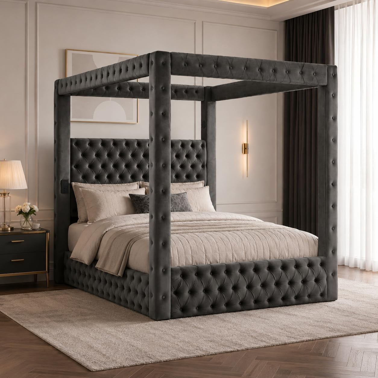 Queen Size Canopy Bed Frame, Velvet Upholstered Bed with Headboard, Gray,75.2'' Tall Four Poster, Deep-tufted, 30.3" Headboard, USB, Bluetooth Speakers, Wooden Bed Frame with No Box Spring Needed