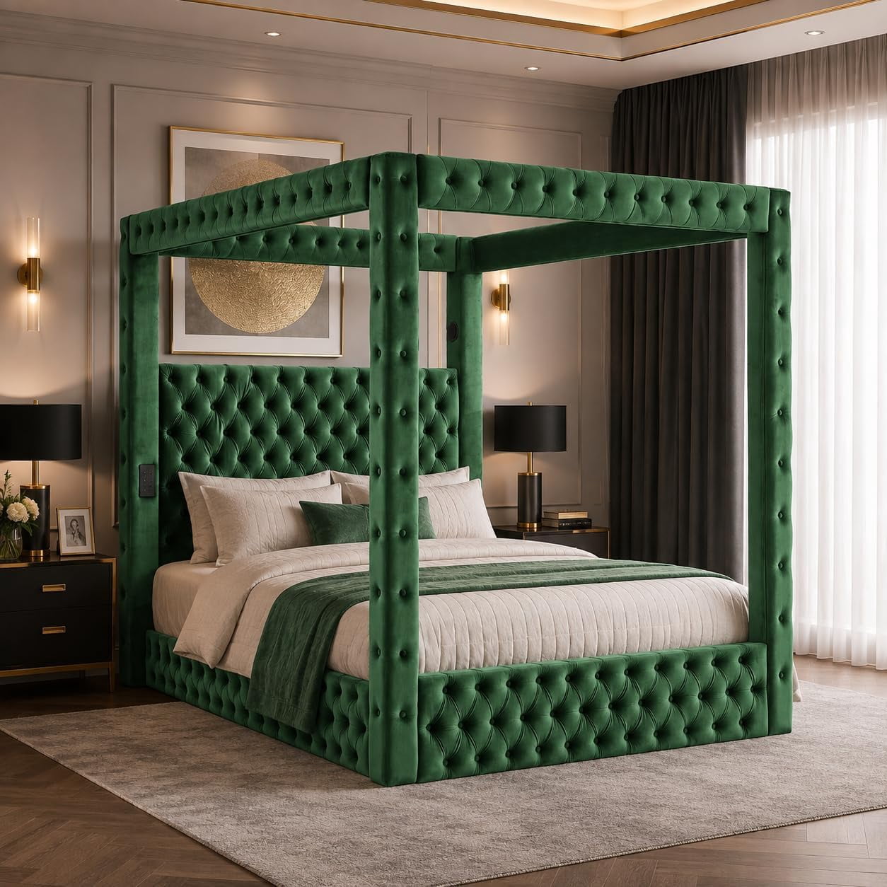 Queen Size Canopy Bed Frame, Velvet Upholstered Bed with Headboard, Green,75.2'' Tall Four Poster, Deep-tufted, 30.3" Headboard, USB, Bluetooth Speakers, Wooden Bed Frame with No Box Spring Needed