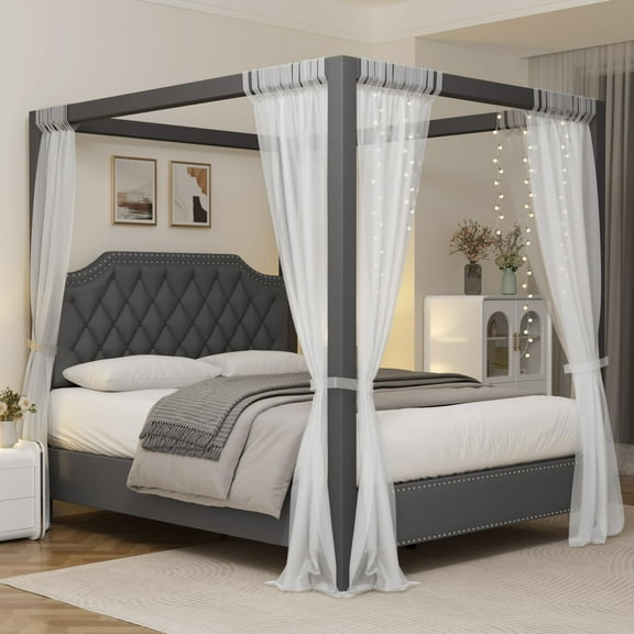 Queen Size Canopy Bed Frame with Nailhead Decoration HeadboardUpholstered Bed Frame with Poles 4 Corner Bed Bracket,Solid Wood Slats Support,Gray