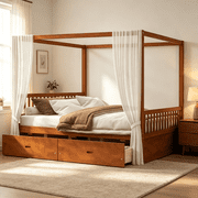 Queen Size Canopy Bed Frame with Storage Drawers, Wood Platform Bed for Master Bedroom, Walnut Finish
