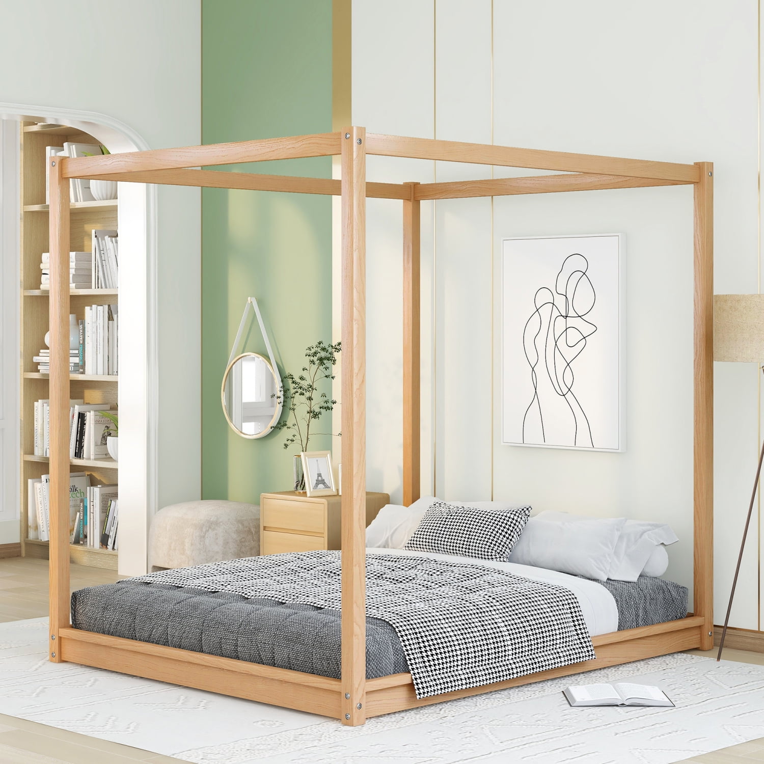 Queen Size Canopy Bed in Natural Finish Elegant Pine Wood Platform