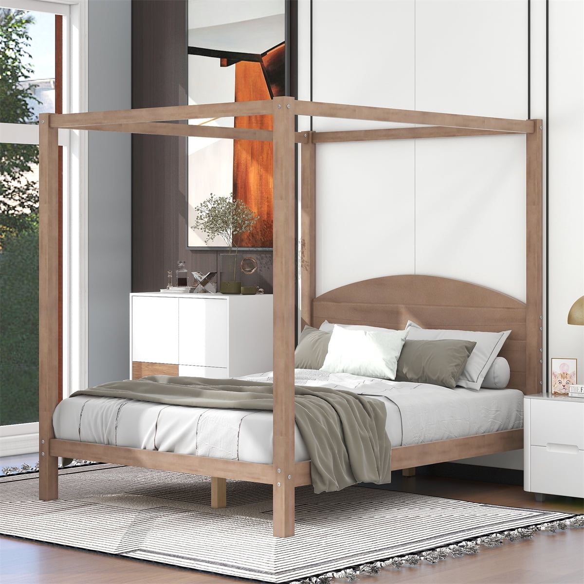 Queen Size Canopy Bed, Canopy Platform Bed with Headboard, Solid Wood