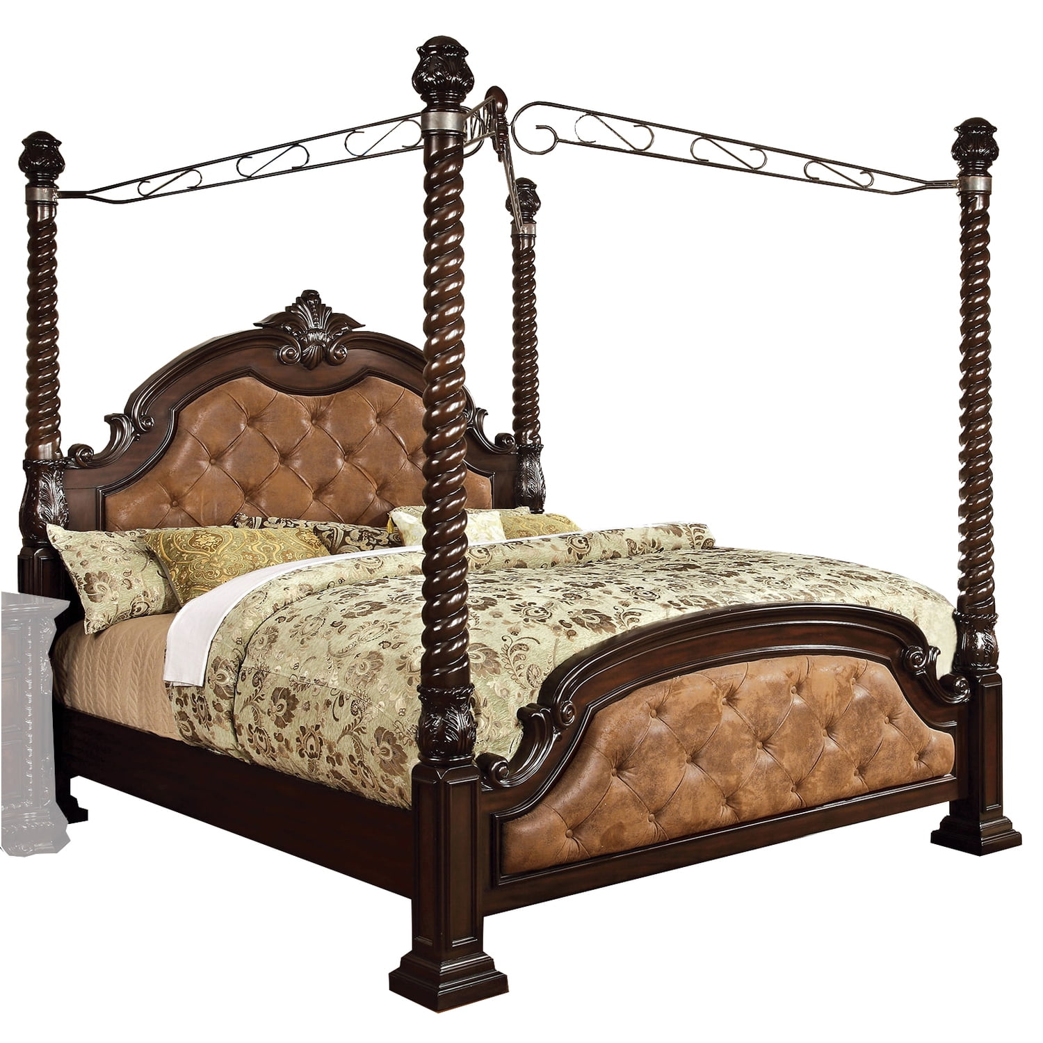 Benjara Queen Size Canopy Bed with Spiral Canopies, Brown