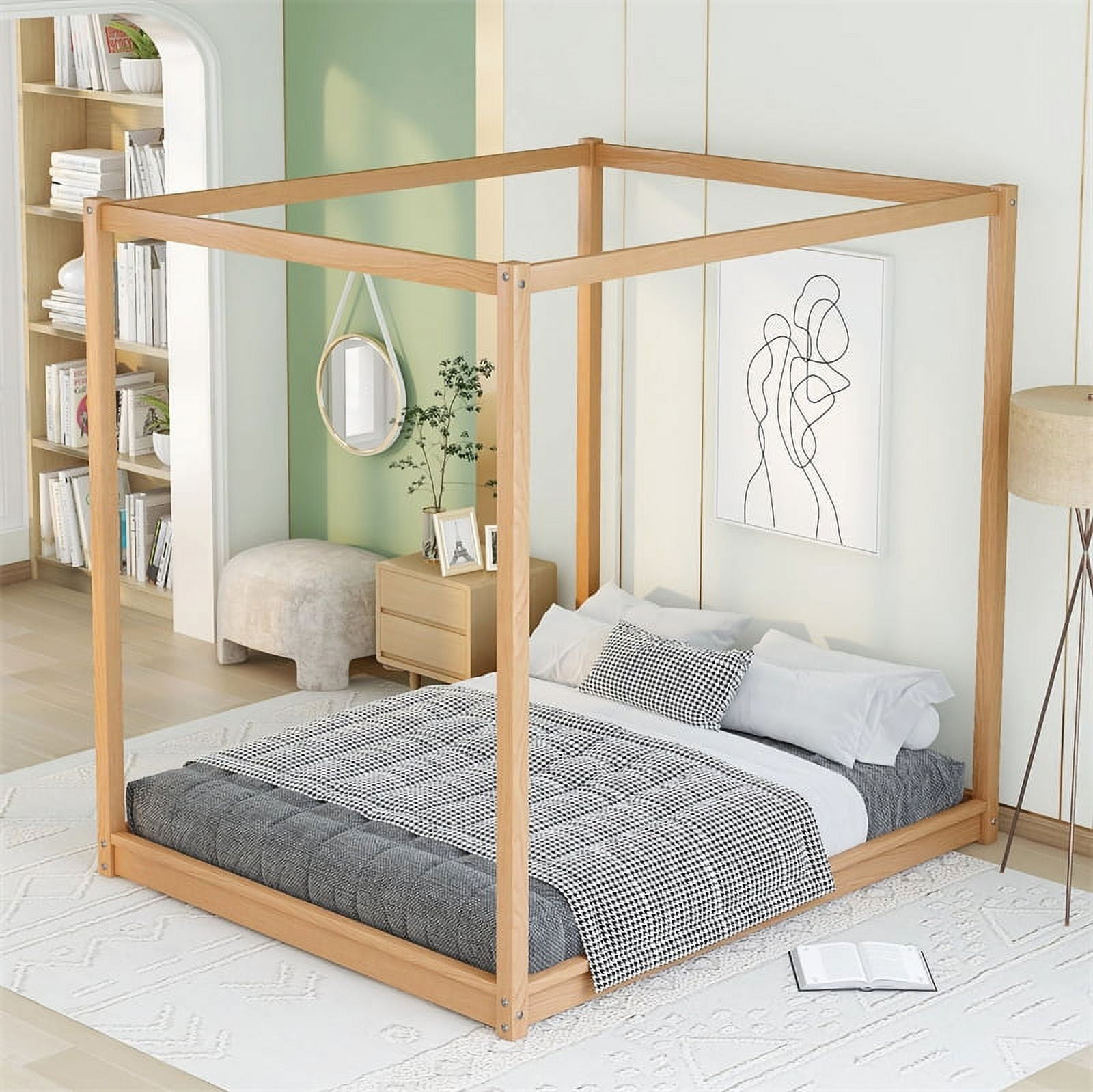 Queen Size Canopy Platform Bed, Solid Wood Canopy Bed with Slats and