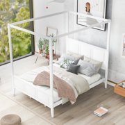 Queen Size Canopy Platform Bed with Headboard and Footboard, Cosymart Slat Support Leg, White