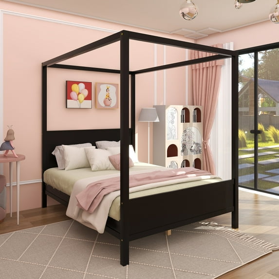 Queen Size Canopy Platform Bed with Headboard and Footboard,Slat Support Leg - Espresso
