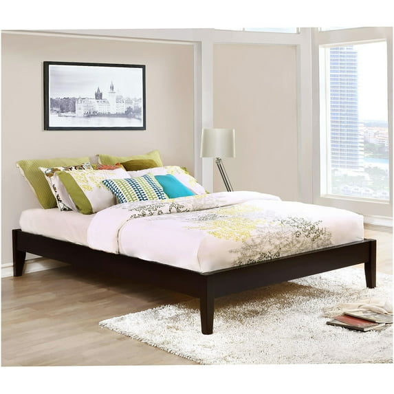 Queen Size Cappuccino Platform Bed Frame with Headboard, Modern Wood Bed Base for Mattress, Minimalist Bedroom Furniture