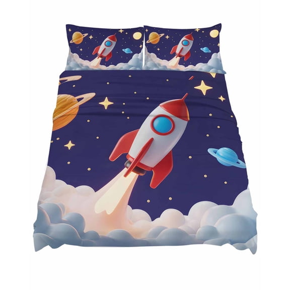 Queen Size Cartoon Rocket Sheet Sets Cloud Space Stars Cute Planet Classic Soft Breathable Microfiber Bed Sheets Deep Pockets 4 Piece Bed Sheets Set, 1 Fitted Sheet, 1 Flat Sheet & 2 Pillowcases