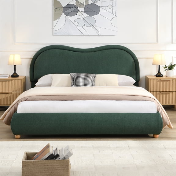 Queen Size Chenille Upholstered Platform Bed Frame with Curved Headboard, Wooden Slats, and Oak Legs, No Box Spring Needed, Easy Assembly, Olive Green