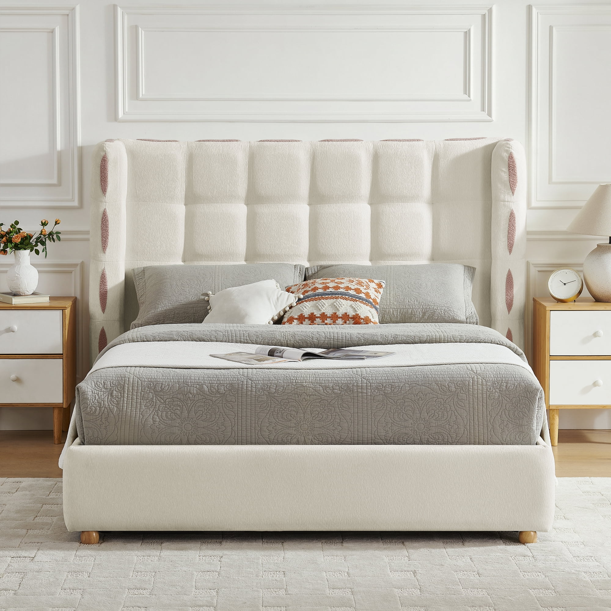 Queen Size Chenille Upholstered Platform Bed, Gas Lift Platform Bed with Under Bed Storage