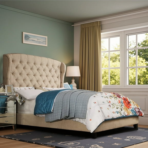 Queen Size Classical Bed Frame with Adjustable Button Tufted Headboard, Fabric Upholstered Platform Bed Frame for Bedroom, Strong Wooden Slat Support, Easy Assembly, Beige
