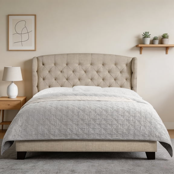 Queen Size Classical Bed Frame with Adjustable Button Tufted Headboard  Fabric Upholstered Platform Bed Frame for Bedroom, Strong Wooden Slat Support, Easy Assembly, Beige