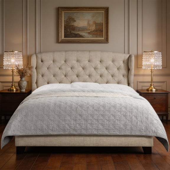 Queen Size Classical Bed Frame with Adjustable Button Tufted Headboard  Fabric Upholstered Platform Bed Frame for Bedroom, Strong Wooden Slat Support, Easy Assembly, Beige