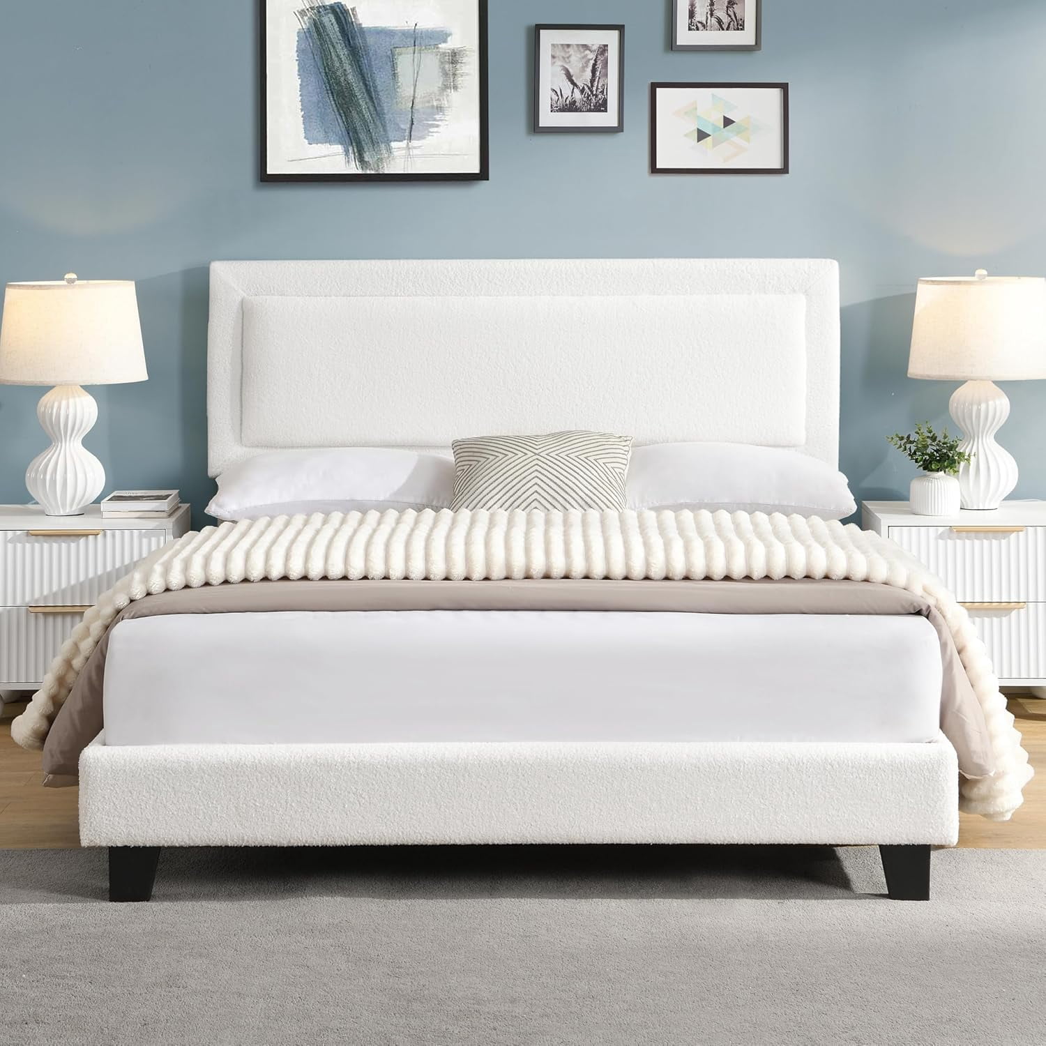 Queen Size Cloud Bed Frame with Adjustable Upholstered Headboard, Modern Marshmallow Low Profile Platform Bed with Soft Boucle Fabric, No Box Spring Needed