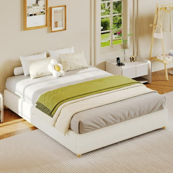 Queen Size Cloud Bed Frame, Low Bed Frame Without Headboard, Corduroy Upholstered Low Platform Bed with Solid Wood Legs, No Box Spring Required, Quiet and Easy Assembly