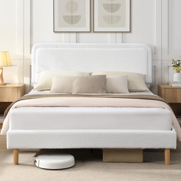 Queen Size Cloud Bed Frame with Adjustable Upholstered Headboard, Soft Boucle Upholstered Platform Bed Frame, Easy Assembly, 3 Adjustable Height