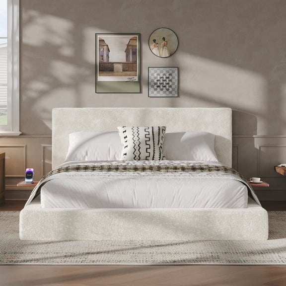 Queen Size Cloud Upholstered Platform Bed Frame with Adjustable Sliding Side Table, Soft Sherpa Fabric Cushion, Modern Low Profile Bed, No Box Spring Needed, Mattress Not Included, Cream White
