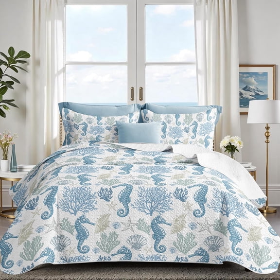 Queen Size Coastal Quilt Set with 2 Shams Ocean Blue Seahorse Design 90 x 96 Inches